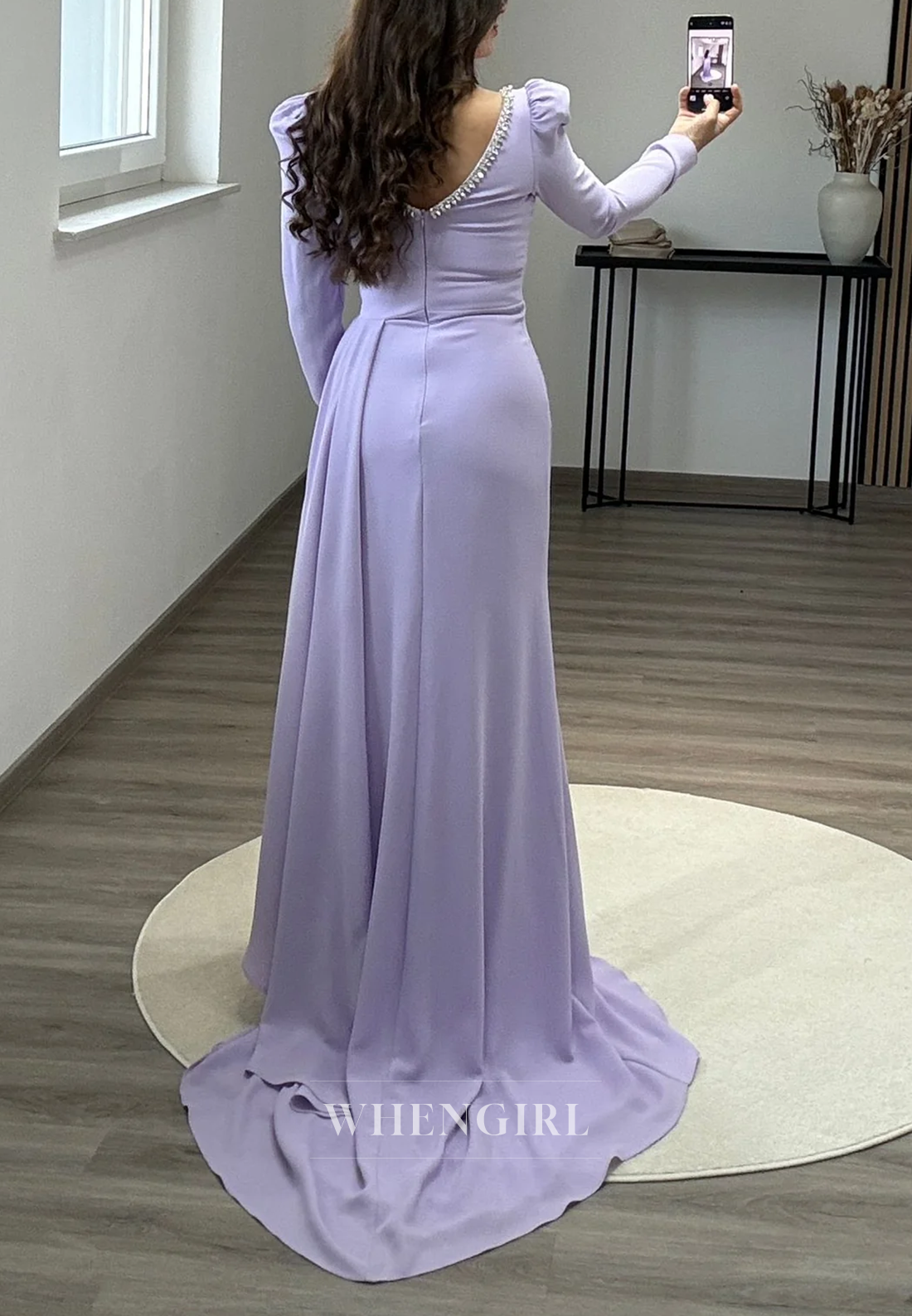 Sheath Beading Scoop Neck Pleated Long Sleeves Sweep Train Formal Party Dress