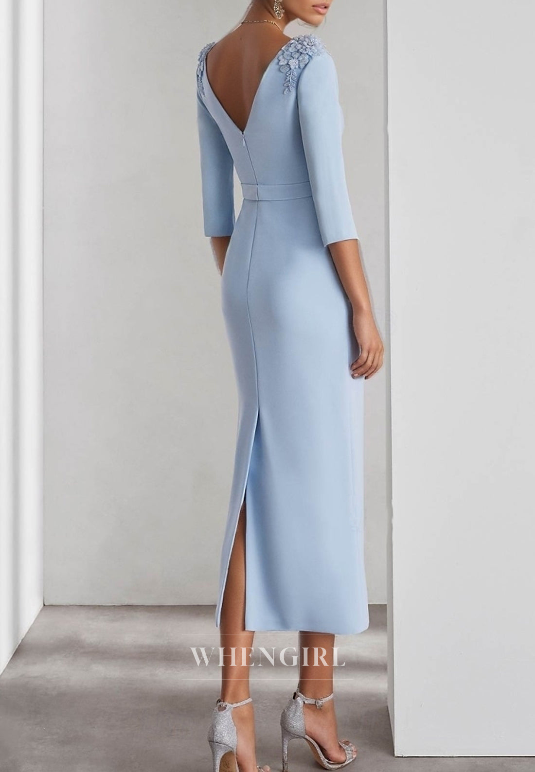 Sky Blue Bateau Neck 3/4 Sleeves Flower Back Zipper Sheath Mother of the Bride Dress