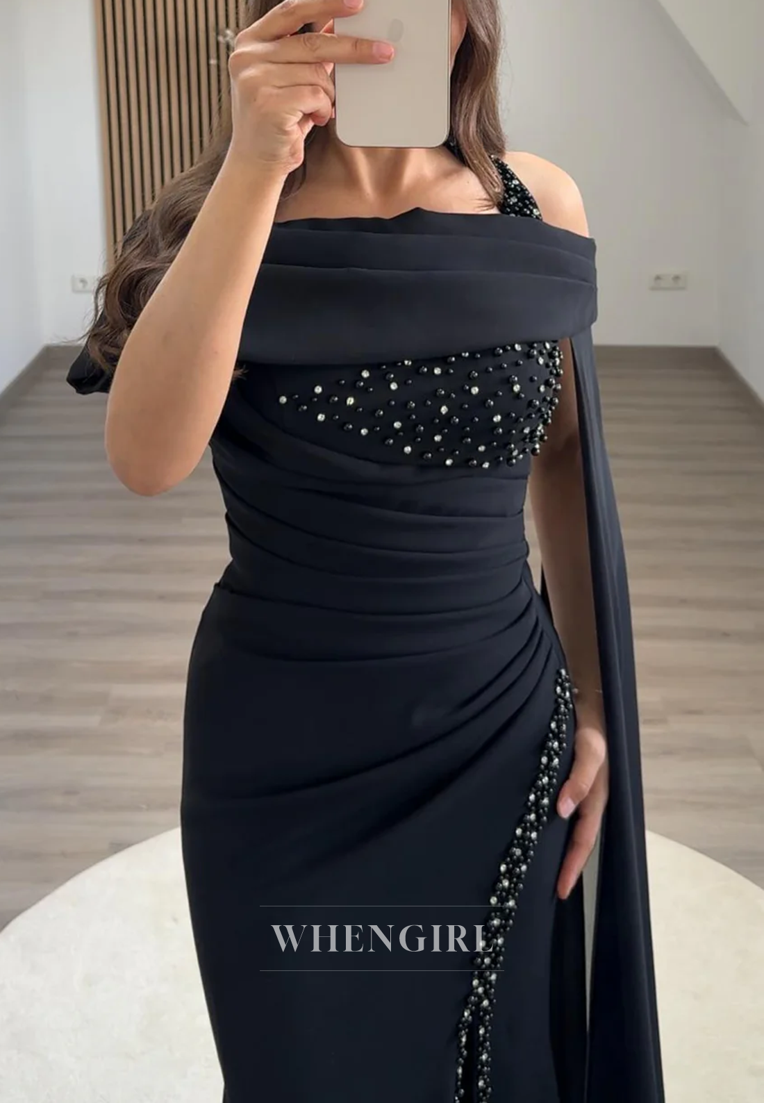 Black Halter Pleated Mermaid Beaded Rhinestones Back Zipper Long Evening Gown