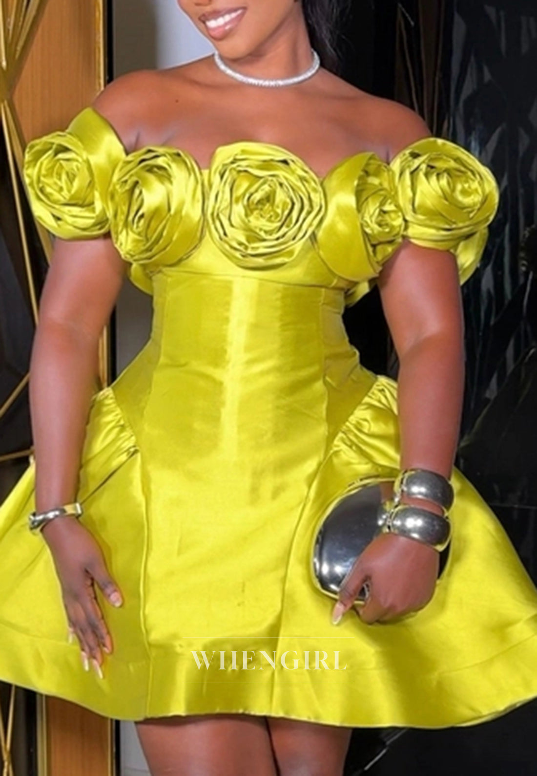 Satin Off Shoulder 3D Flowers Sleeveless A-Line Homecoming Dress