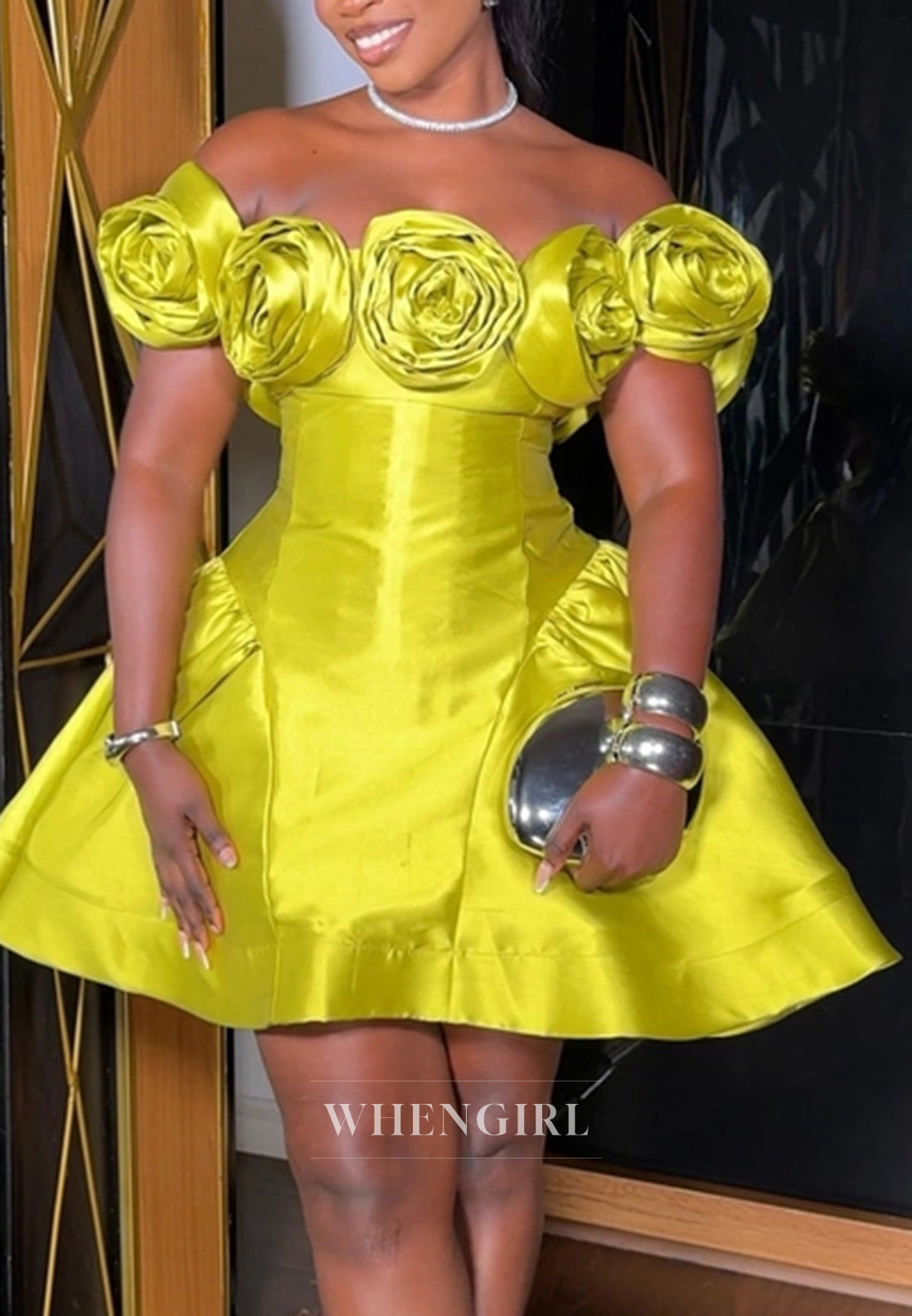 Satin Off Shoulder 3D Flowers Sleeveless A-Line Homecoming Dress