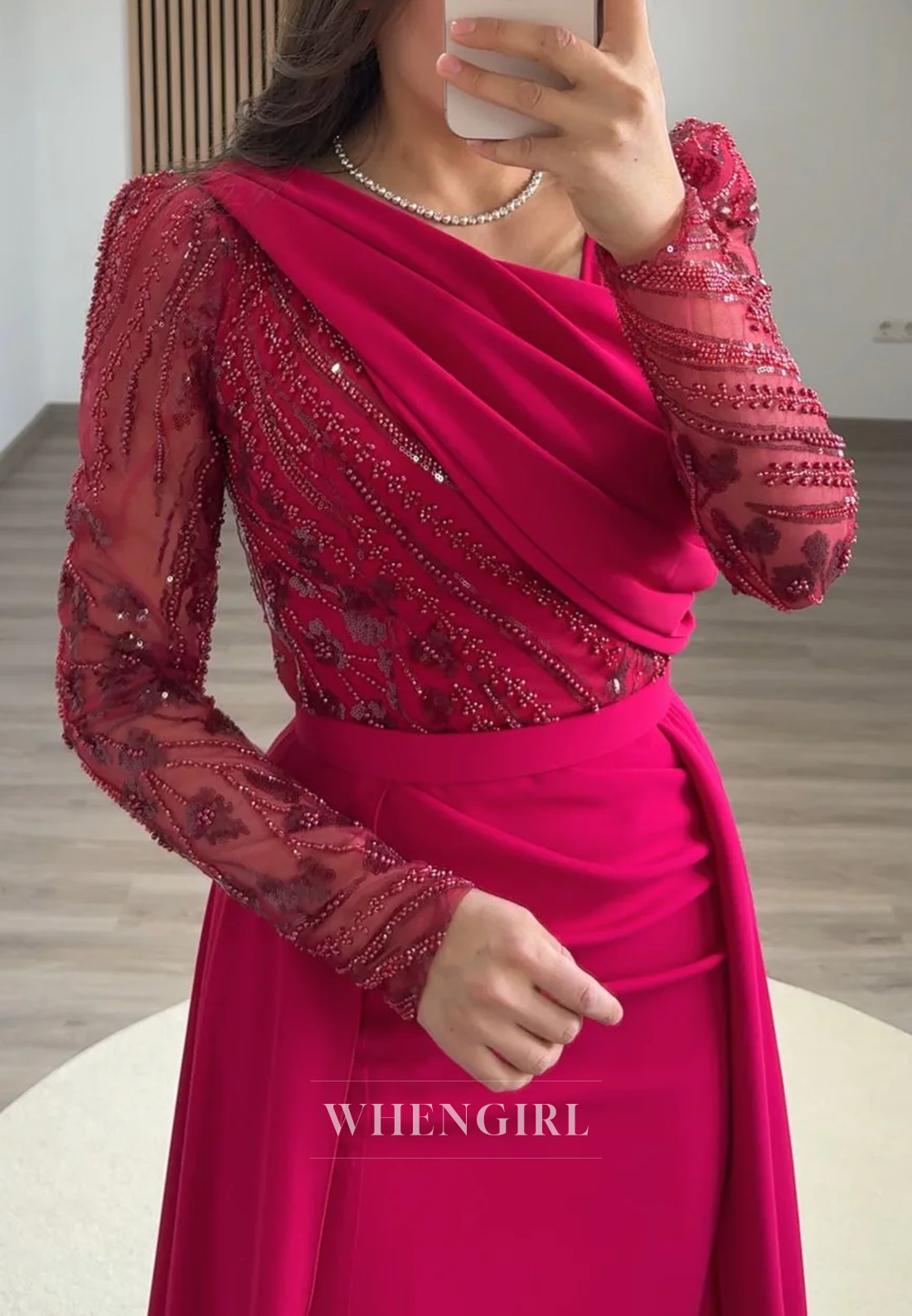 Asymmetrical Neck Long Beaded Sleeves Sheath Side Slit Sweep Train Formal Evening Dress