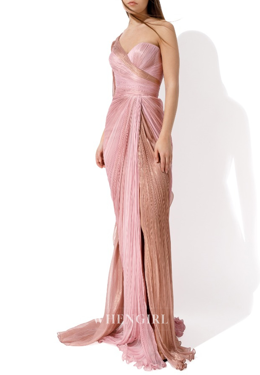 Light Pink One Shoulder Sleeveless Side Slit Pleated Sheath Long Formal Dress Evening Gown
