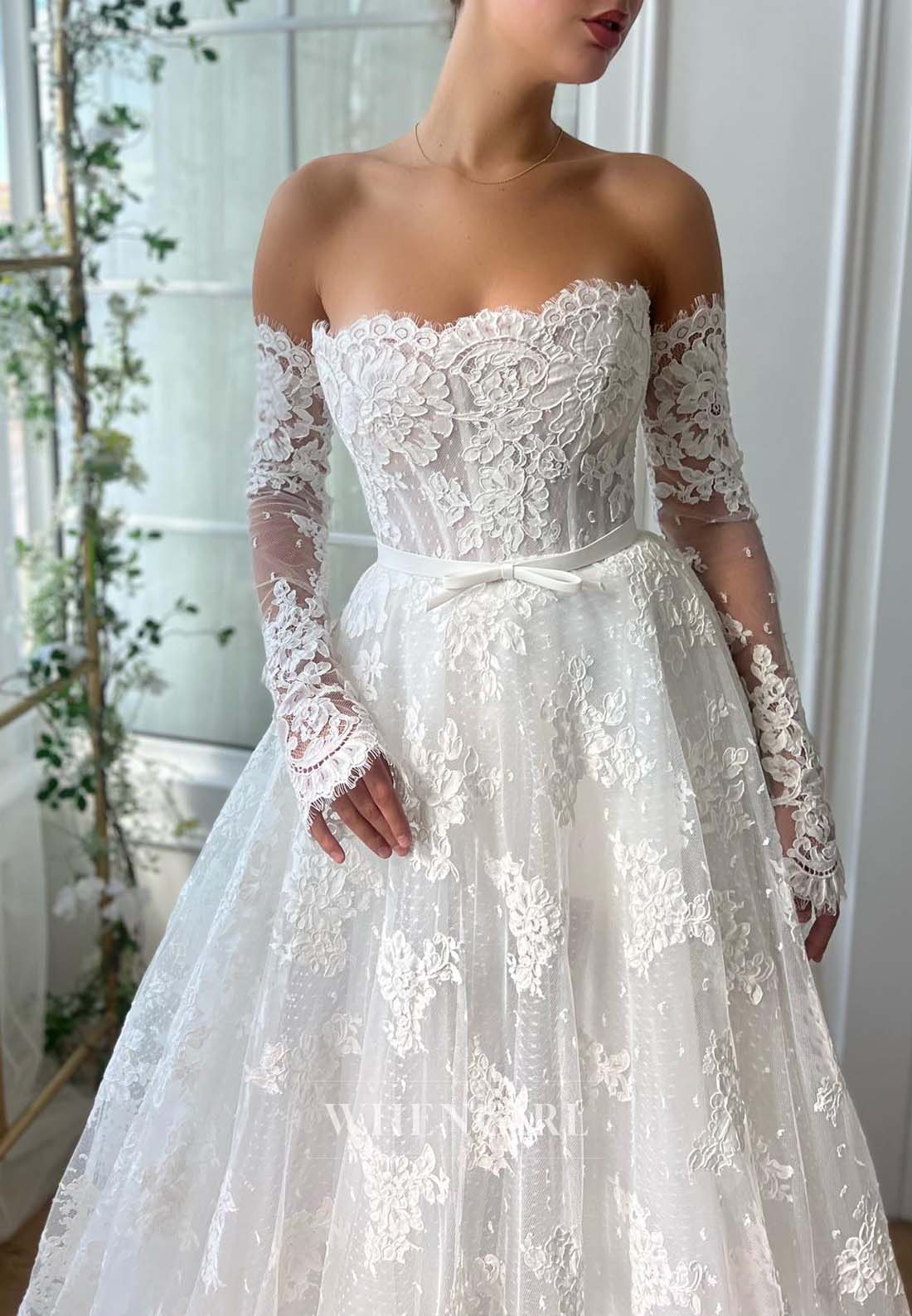 Asymmetrical Neck Long Sleeves A-Line Long Appliqued Lace Wedding Dress with Cape