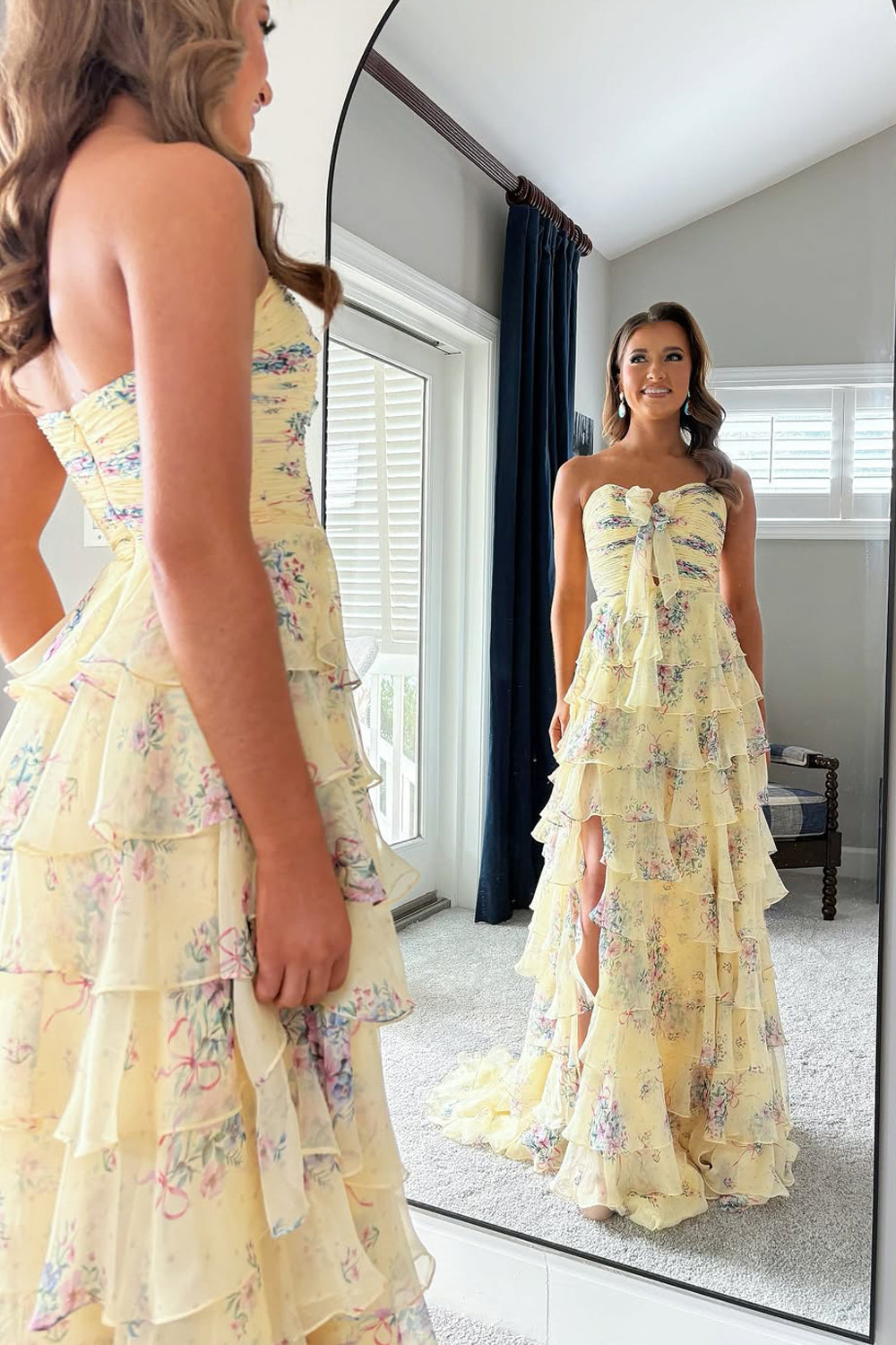 Cute A Line Sweetheart Floral Chiffon Tiered Prom Dress