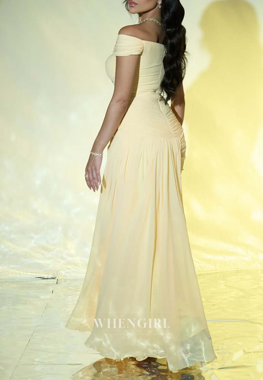 Yellow off Shoulder Formal Dress Beaded Pleated Sheath Evening Gown