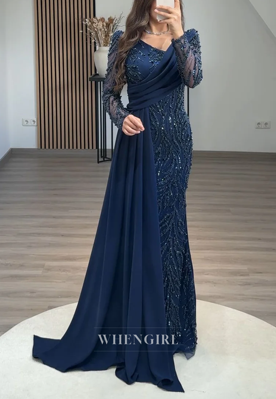 Sheath Asymmetrical Neck Long Sleeves Beaded Side Train Long Formal Evening Gown