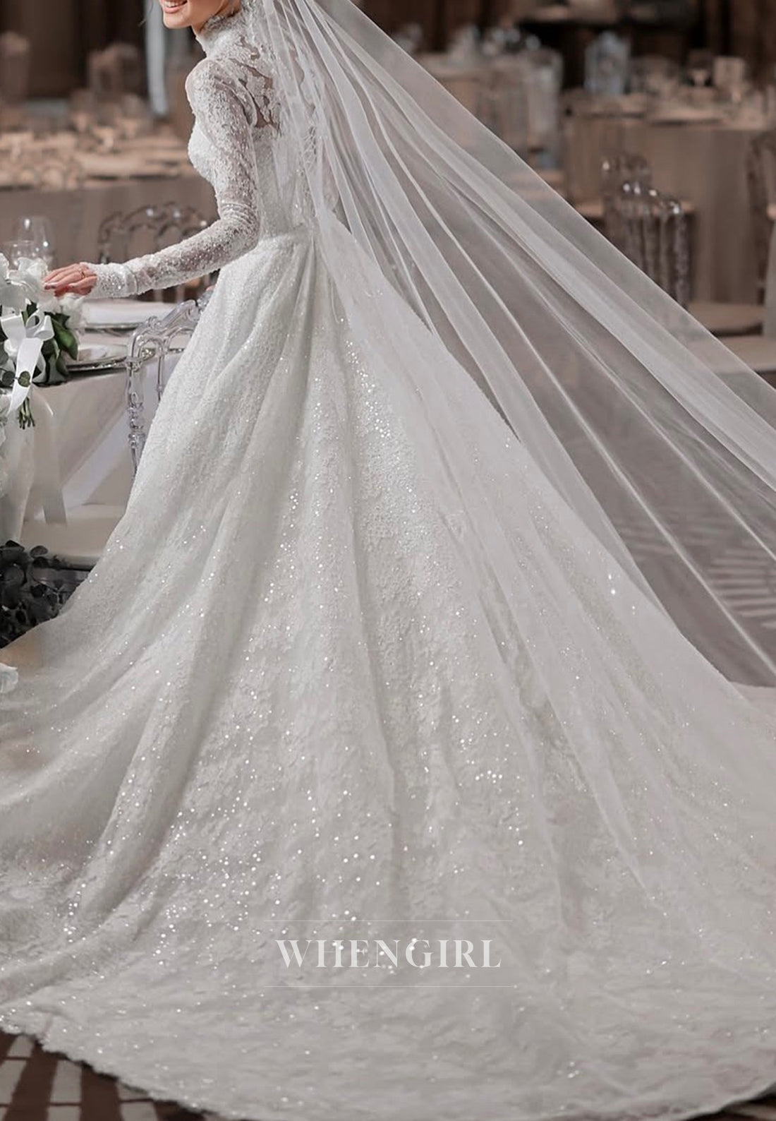 High Neck Long Sleeves Appliqued Lace Beaded A-Line Court Train Wedding Dress