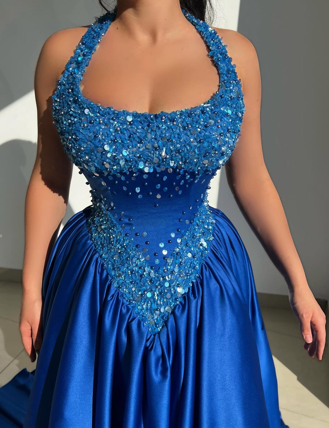 Blue Halter Beaded Sleeveless Gorgeous Pleated Prom Dress