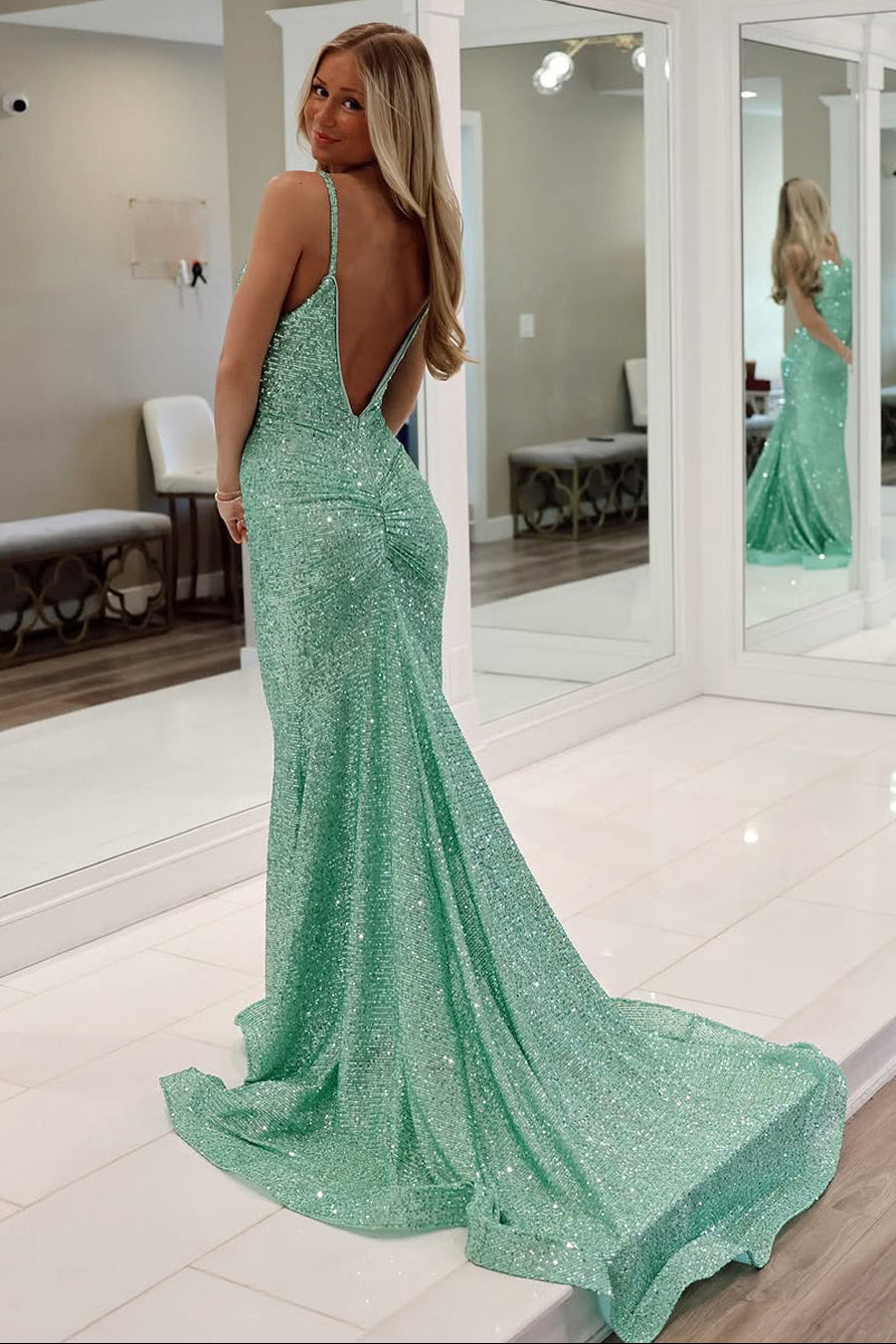 Cute Mermaid Sweetheart Mint Green Sequins Long Prom Dress