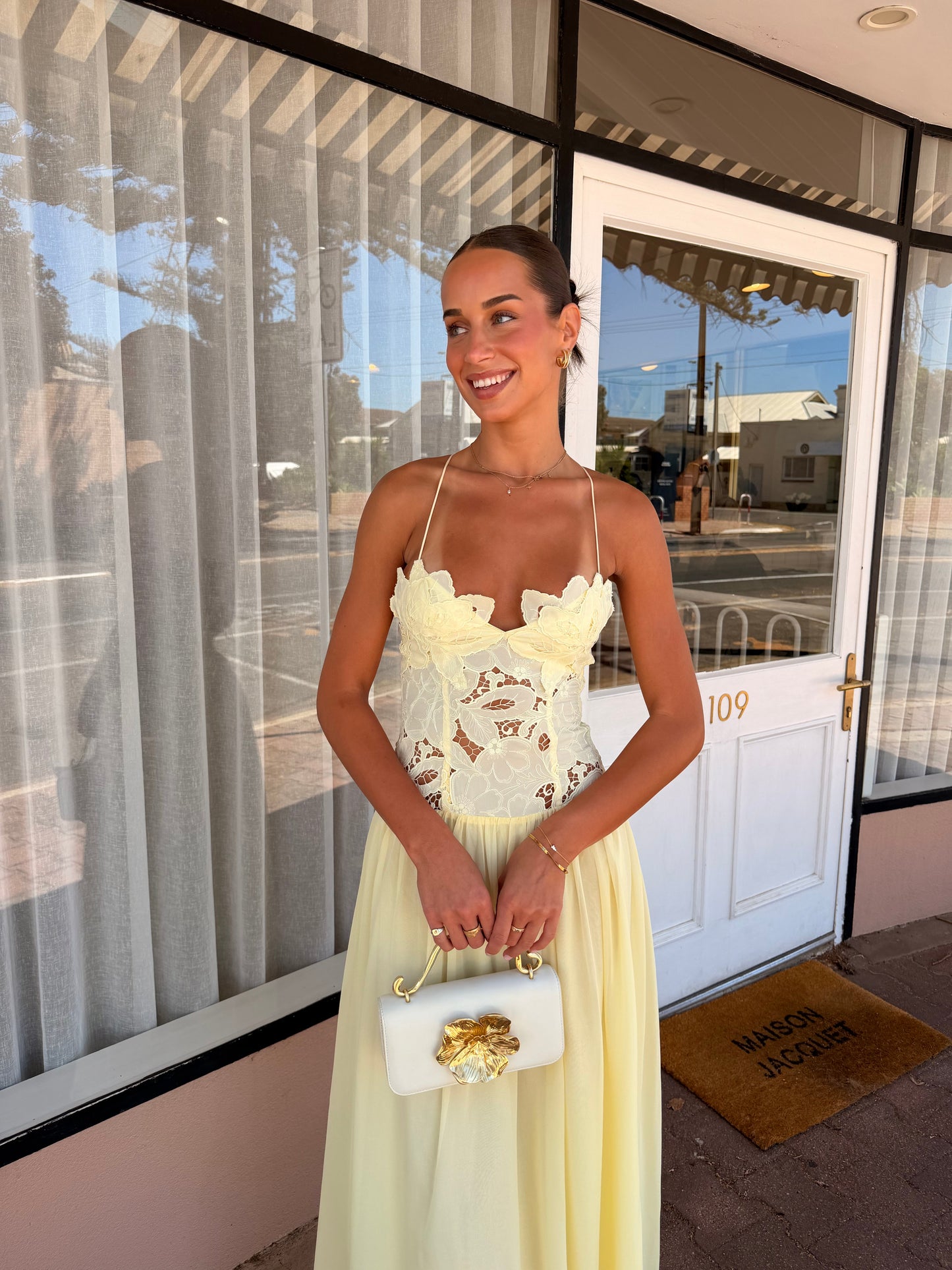 Yellow Spaghetti Straps Sleeveless Chiffom Hem Prom Dress