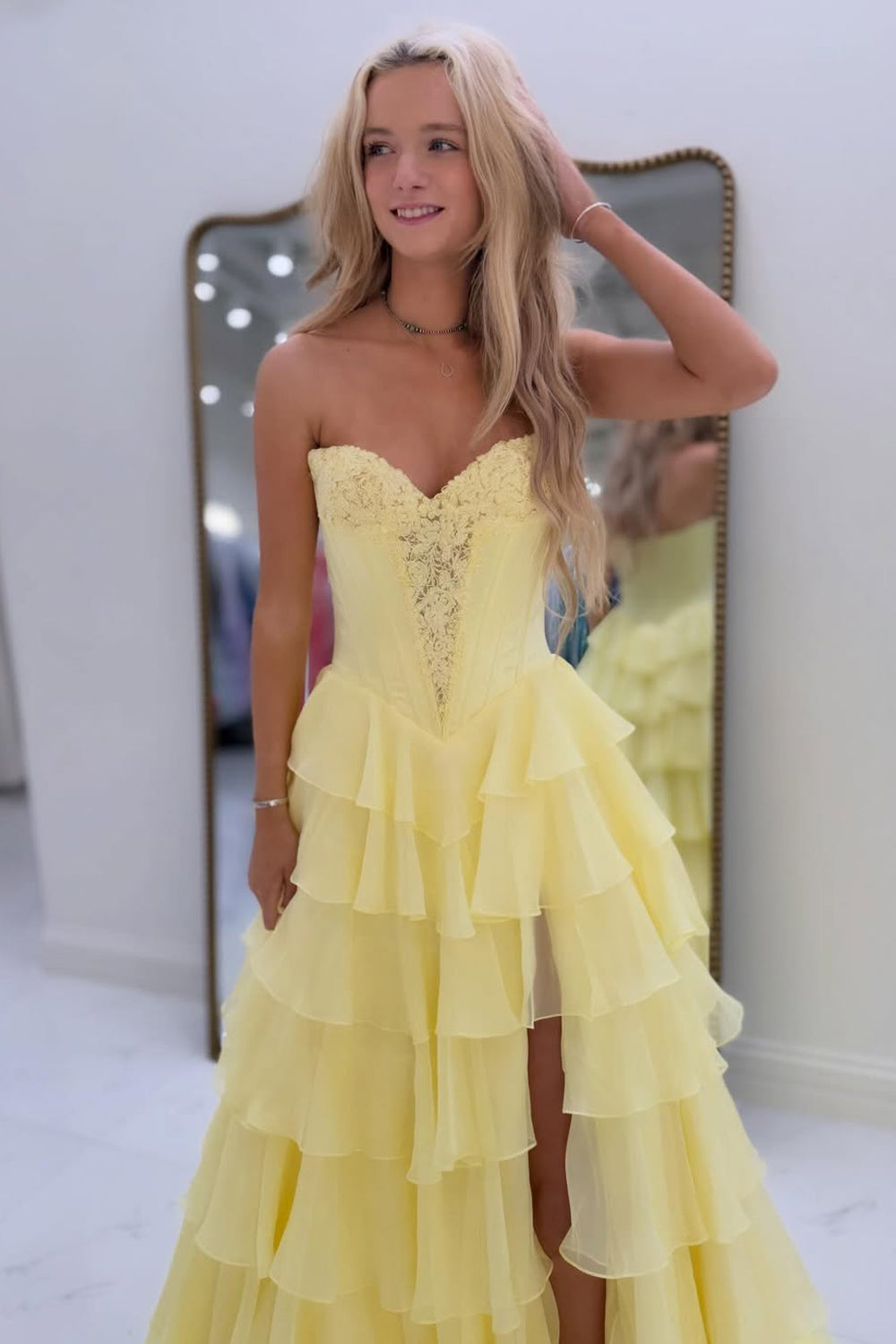 Cute A Line Sweetheart Navy Tiered Chiffon Prom Dress with Slit