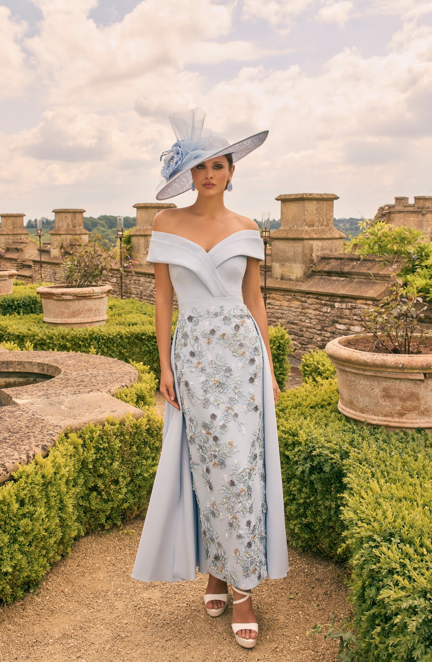 Blue Off Shoulder Embroidery Ankle Length Mother of the Bride Dress