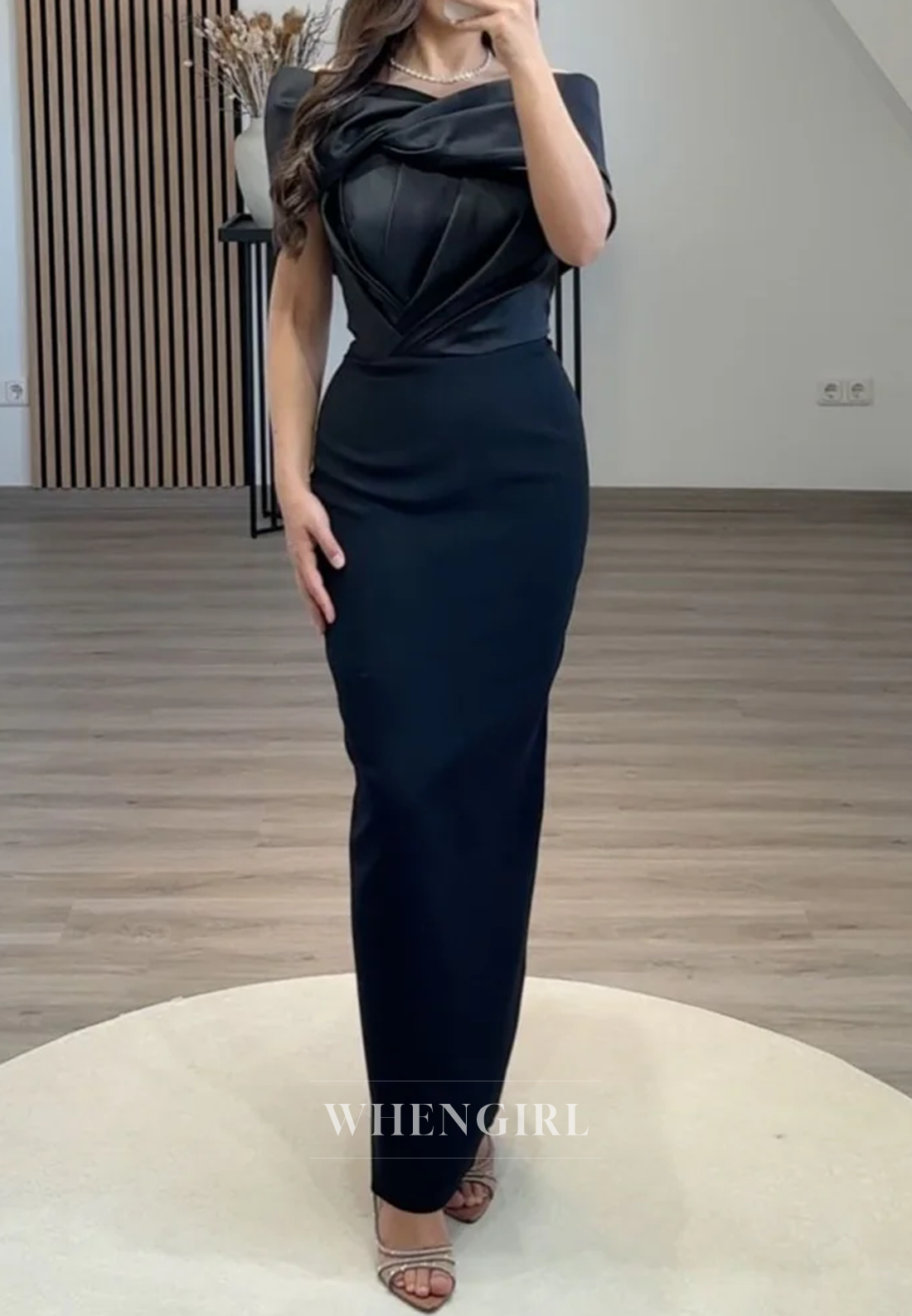 Off Shoulder Pleated Sheath Ankle Length Sleevelesss Back Zipper Formal Evening Dress