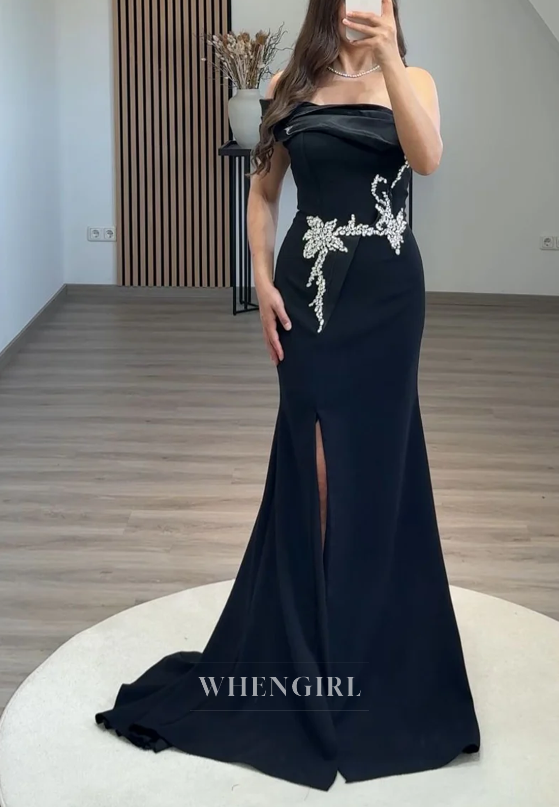 Mermaid One Shoulder Sleeveless Pleated Beaded Side Slit Sweep Train Formal Evening Gown
