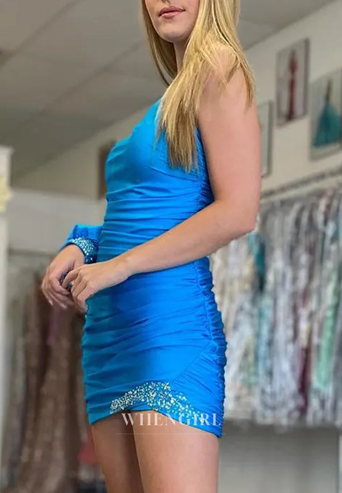 One Shoulder Single Sleeve Beaded Pleated Sheath Short Homecoming Dress