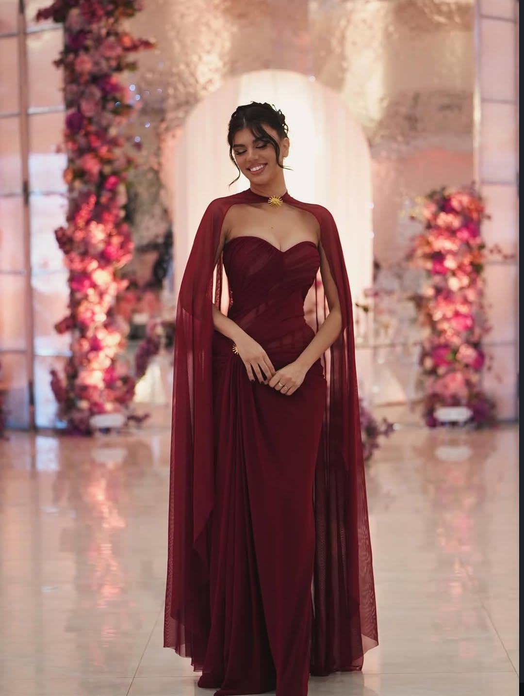 Split Burgundy Charming Straight Across Pleated Prom Dress With Scarf