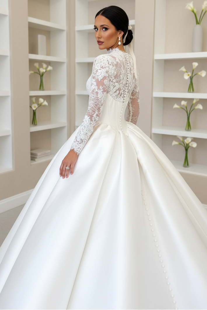 Vintage Ball Gown High Neck Lace Satin Wedding Dress with Long Sleeves