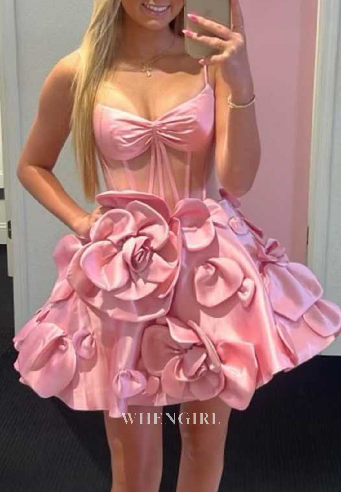 A-Line Spaghetti Straps V Neck Floral Sleeveless Satin Homecoming Dress