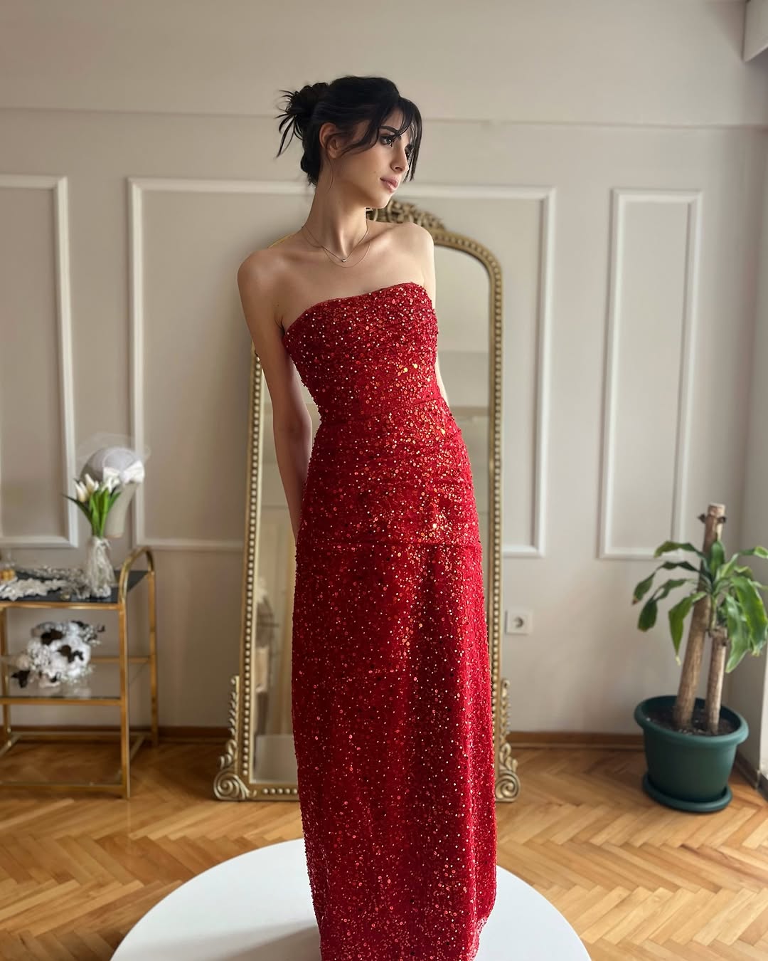 A Line Strapless Red Sequin Prom Dress Long Evneing Gown