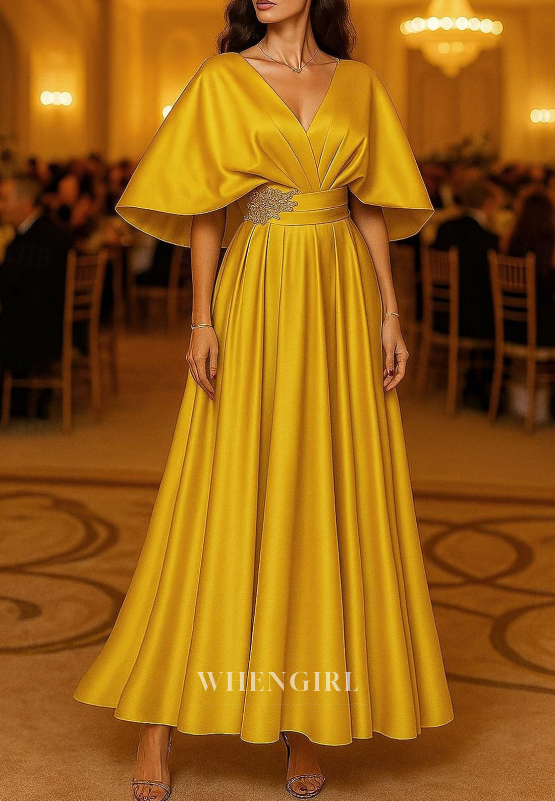 A-Line V Neck Half Sleeves Back Zipper Ankle Length Mother of the Bride Dress