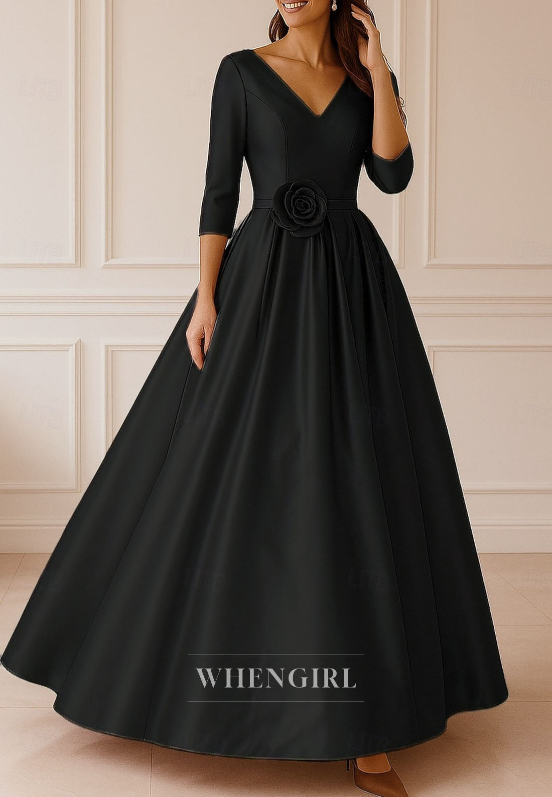 Satin A-Line V Neck Flower 3/4 Sleeves Mother of the Bride Dress