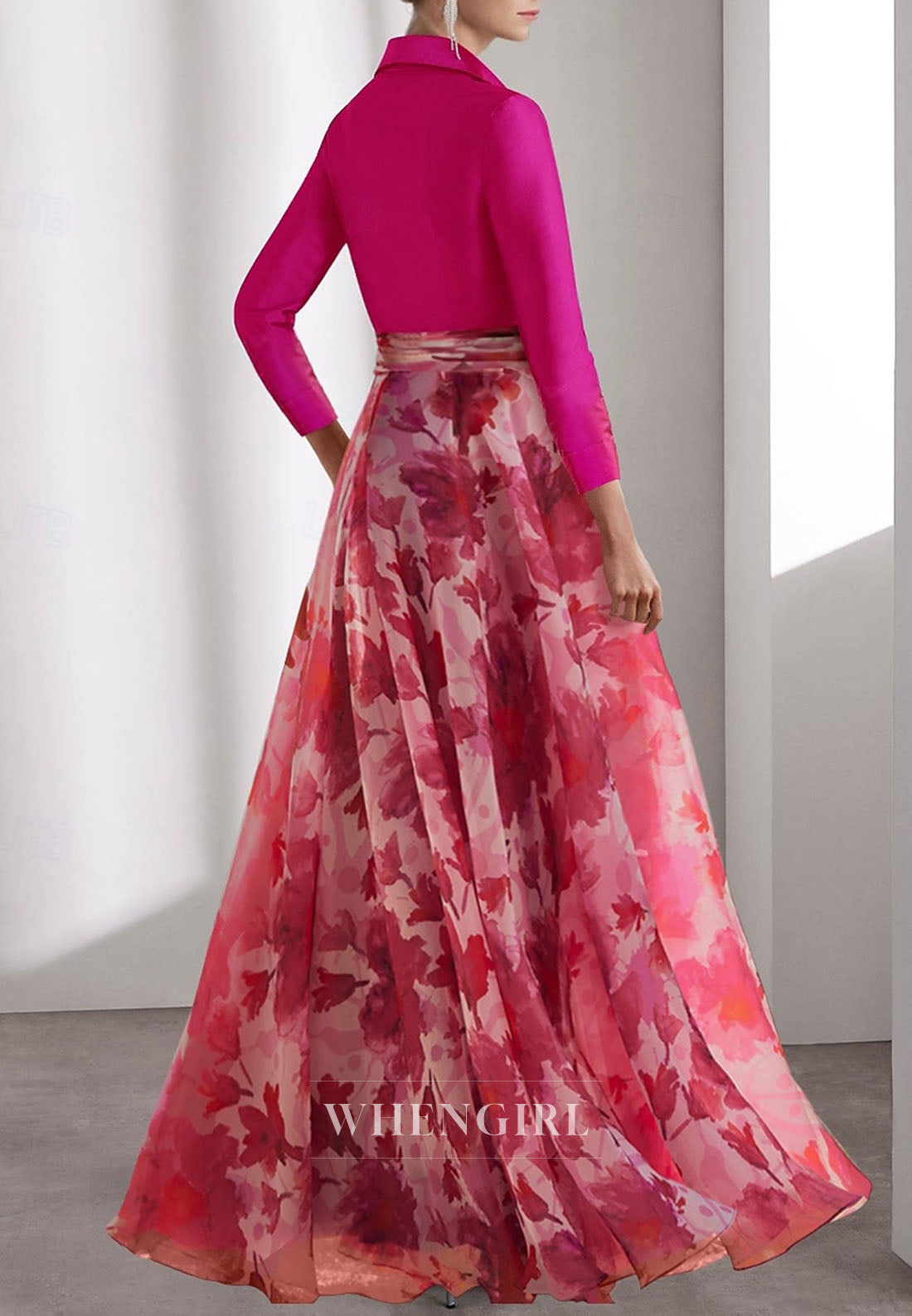 Fuchsia V Neck Long Sleeves Floral Printed A-Line Mother of the Bride Dress