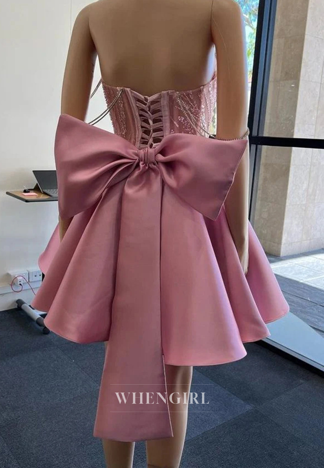 Pink A-Line Off Shoulder Beaded Lace Up Sleeveless Bowknot Short Homecoming Dress