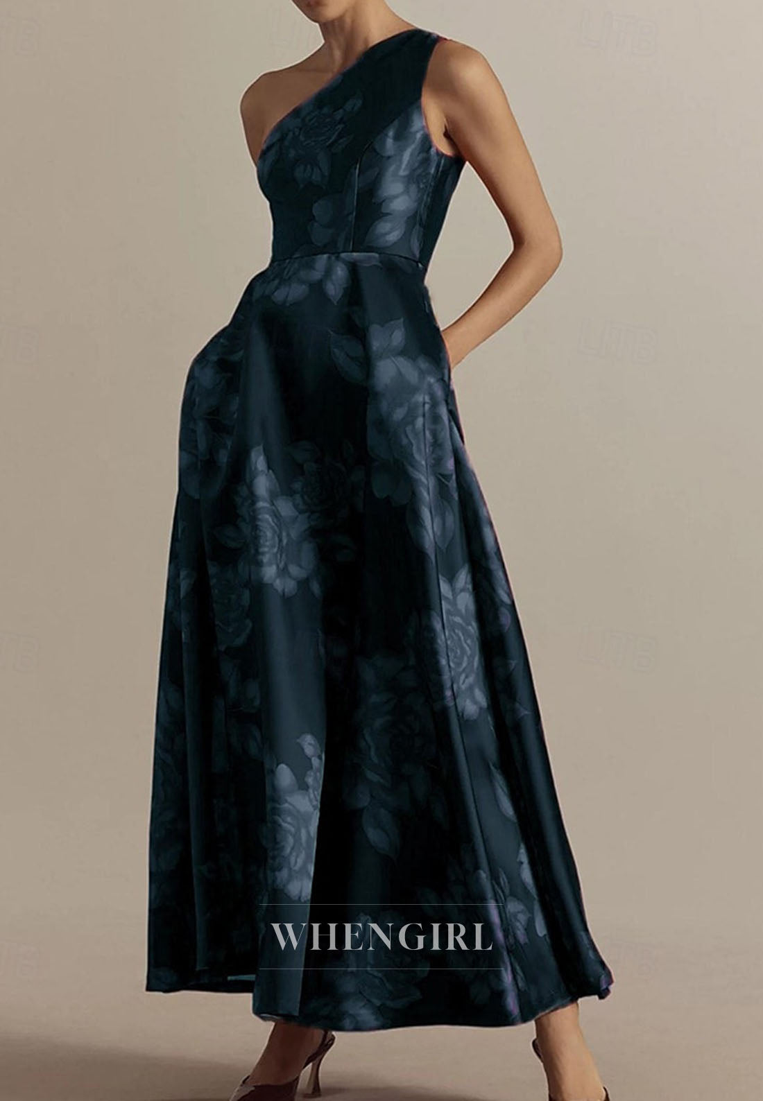 One Shoulder Sleeveless Floral Printed Mother of the Bride Dress