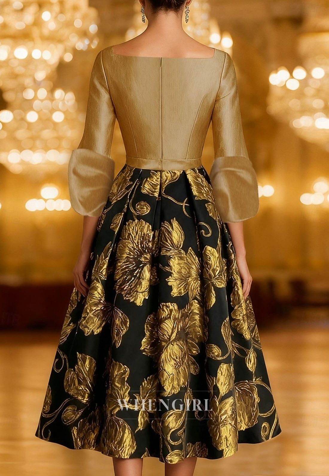 V Neck 3/4 Sleeves Gold Mother of the Bride Dress