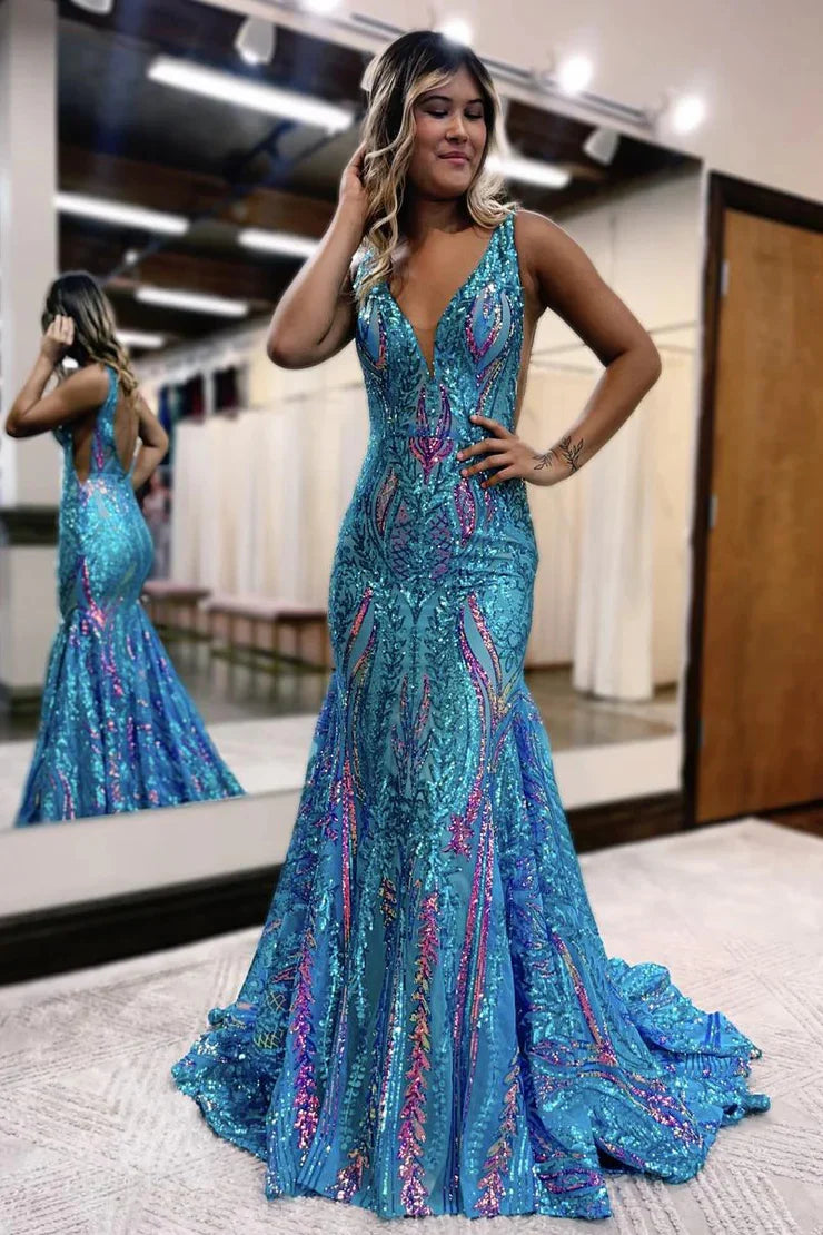 Charming Mermaid V Neck Blue Gold Sequins Long Prom Dresses