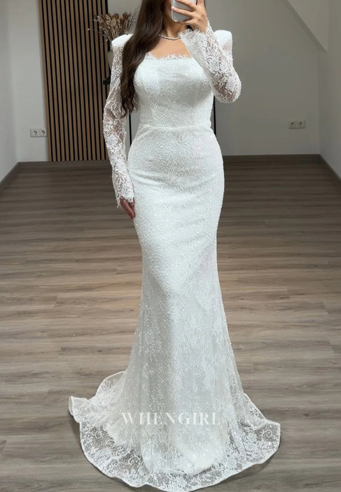 Mermaid Beaded Square Neck Long Sleeves Beaded Lace Evening Formal Dress