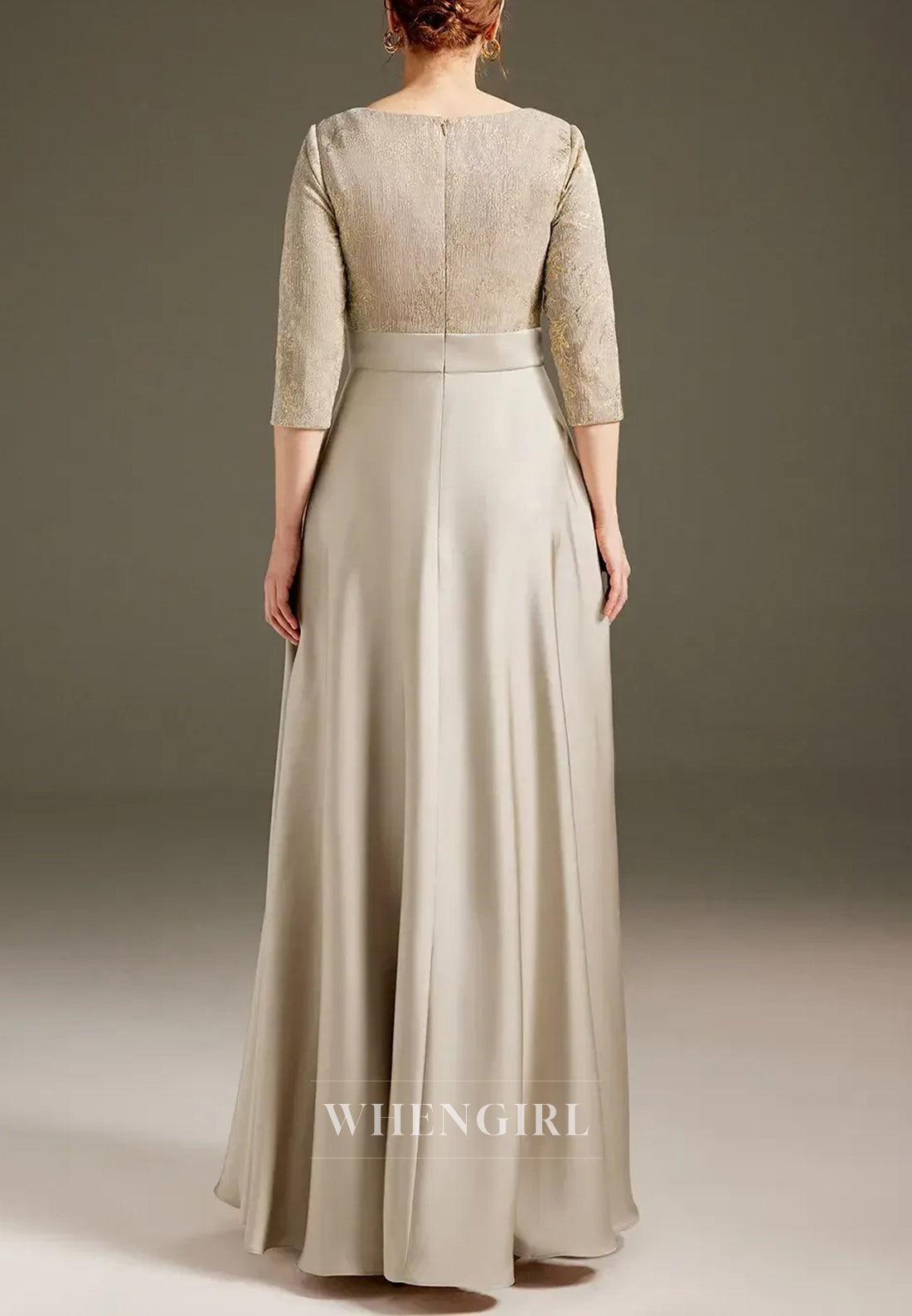 Champagne Scoop Neck 3/4 Sleeves Back Zipper Long A-Line Mother of the Bride Dress