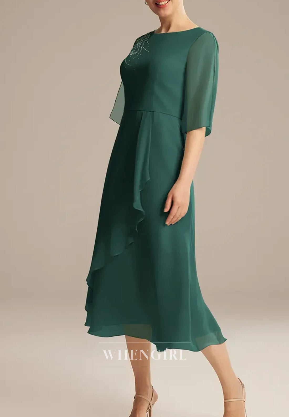Teal Bateau Neck Half Sleeves Column Tea Length Mother of the Bride Dress