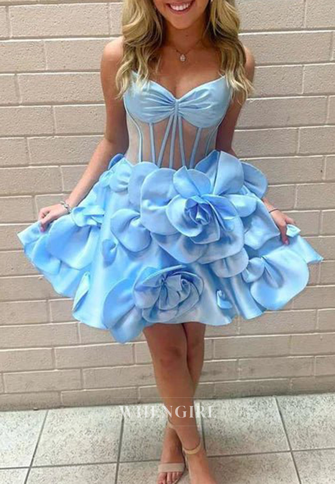 A-Line Spaghetti Straps V Neck Floral Sleeveless Satin Homecoming Dress