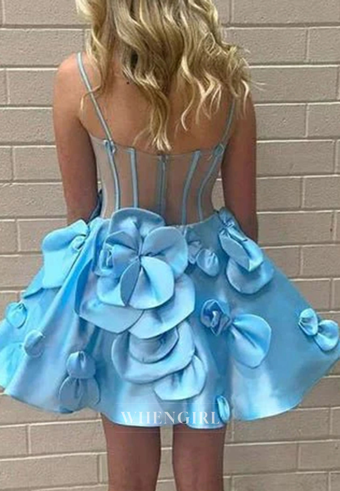 A-Line Spaghetti Straps V Neck Floral Sleeveless Satin Homecoming Dress