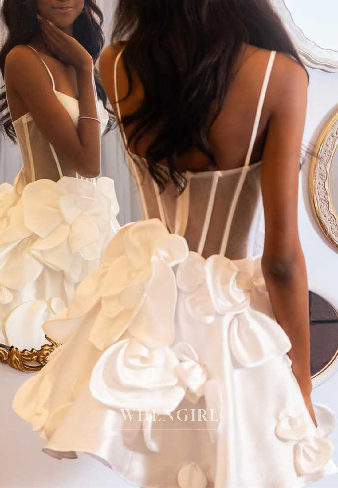 A-Line Spaghetti Straps V Neck Floral Sleeveless Satin Homecoming Dress
