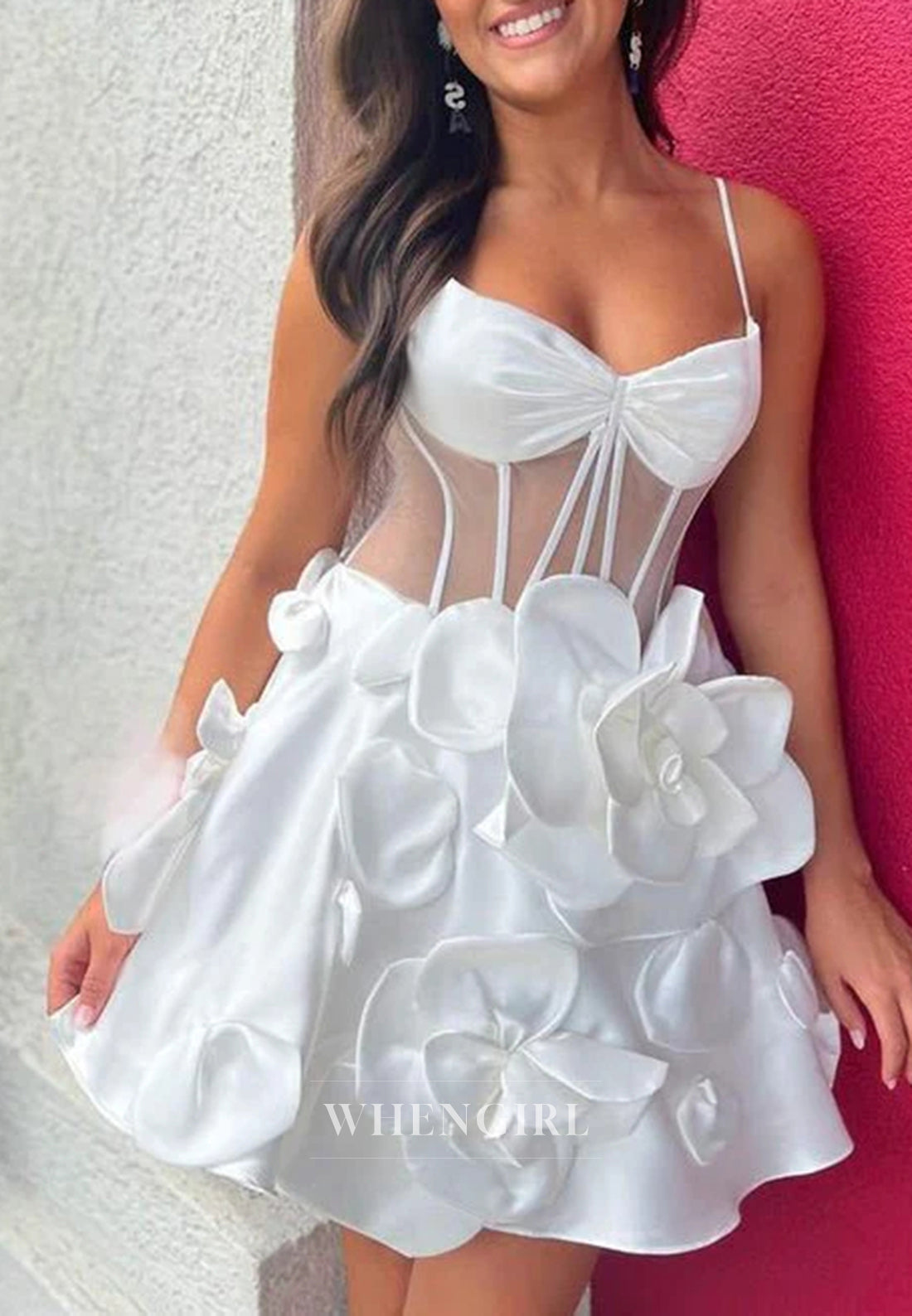 A-Line Spaghetti Straps V Neck Floral Sleeveless Satin Homecoming Dress