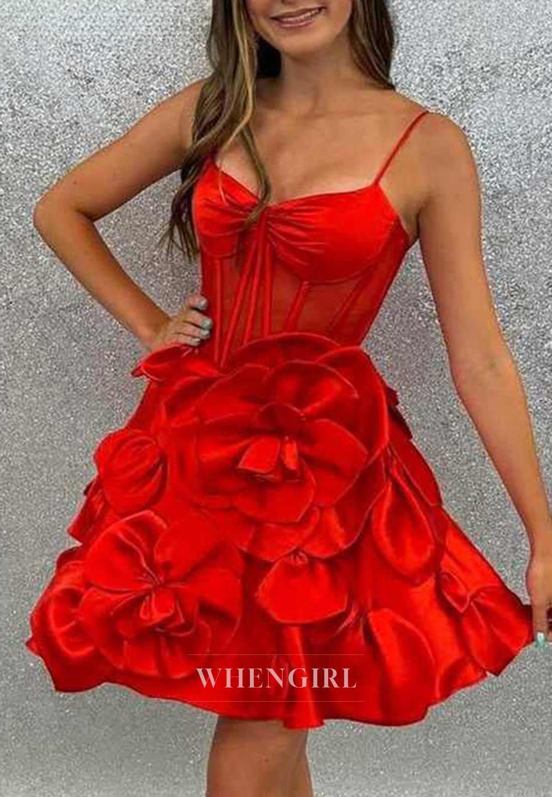 A-Line Spaghetti Straps V Neck Floral Sleeveless Satin Homecoming Dress