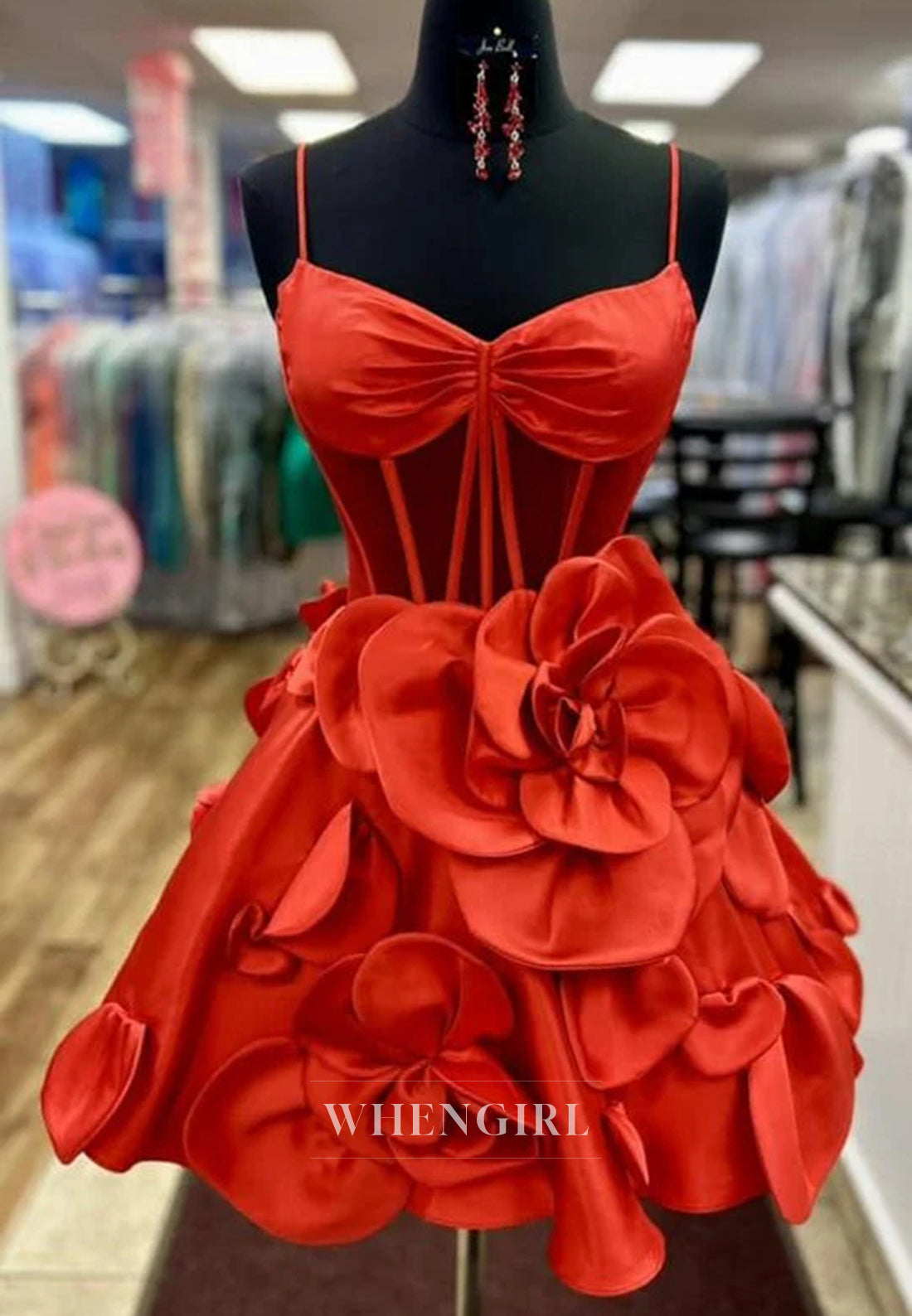 A-Line Spaghetti Straps V Neck Floral Sleeveless Satin Homecoming Dress