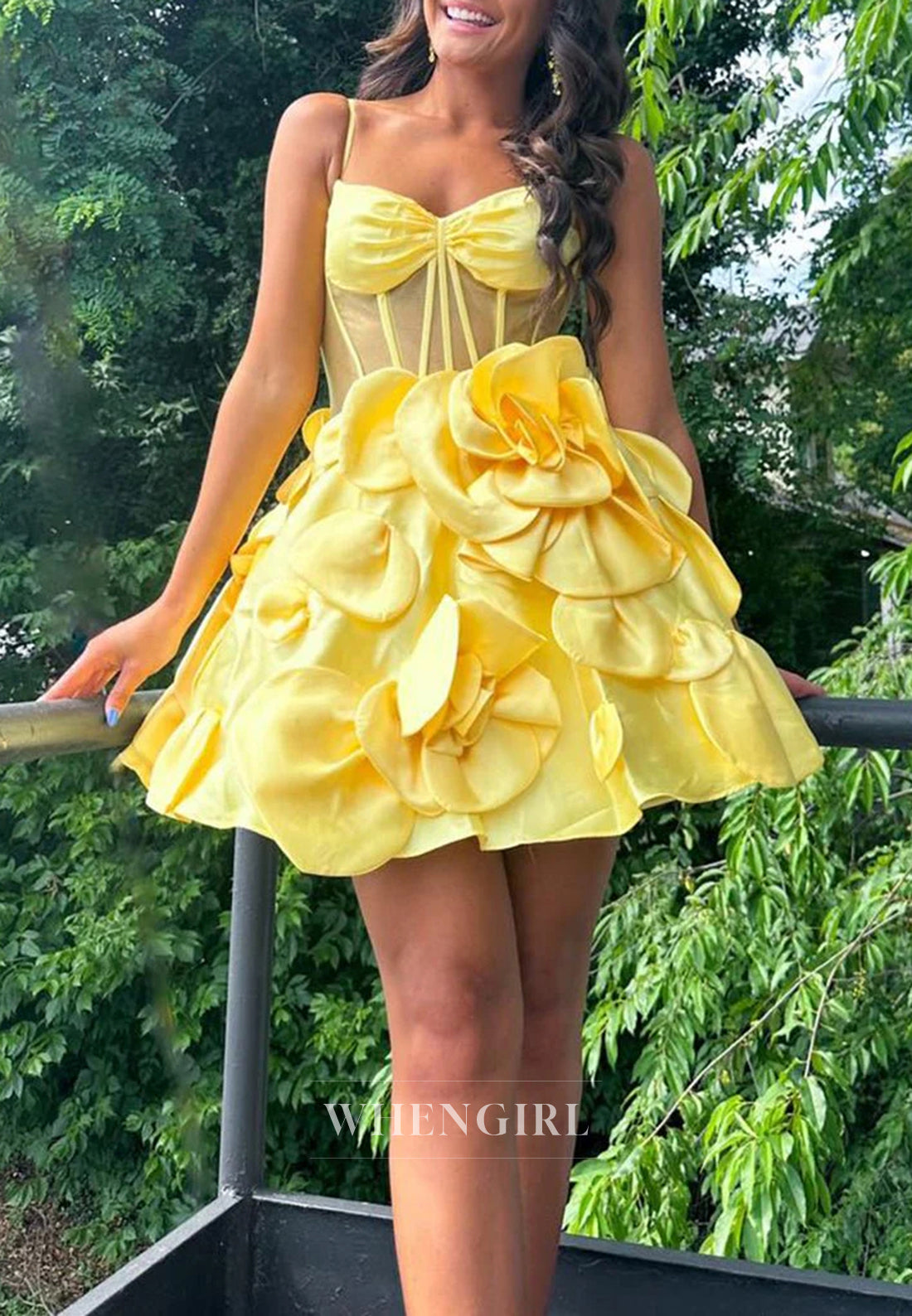 A-Line Spaghetti Straps V Neck Floral Sleeveless Satin Homecoming Dress