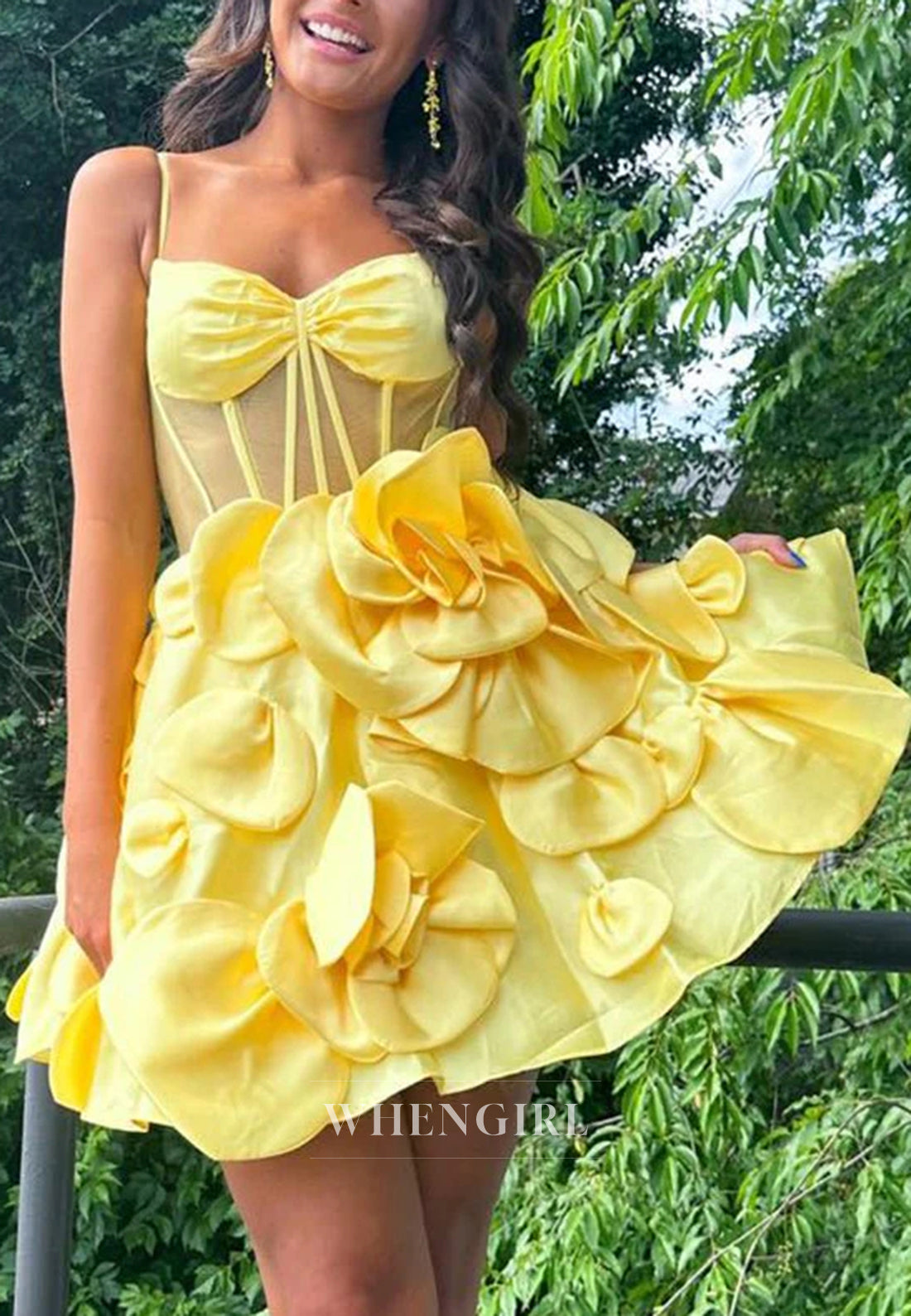 A-Line Spaghetti Straps V Neck Floral Sleeveless Satin Homecoming Dress