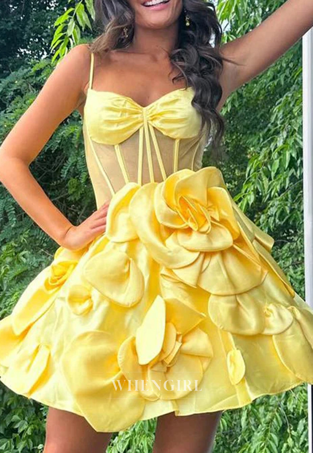 A-Line Spaghetti Straps V Neck Floral Sleeveless Satin Homecoming Dress