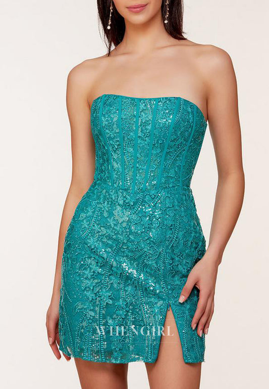 Tube Top Side Slit Strapless Sequins Beading Corset Homecoming Dress