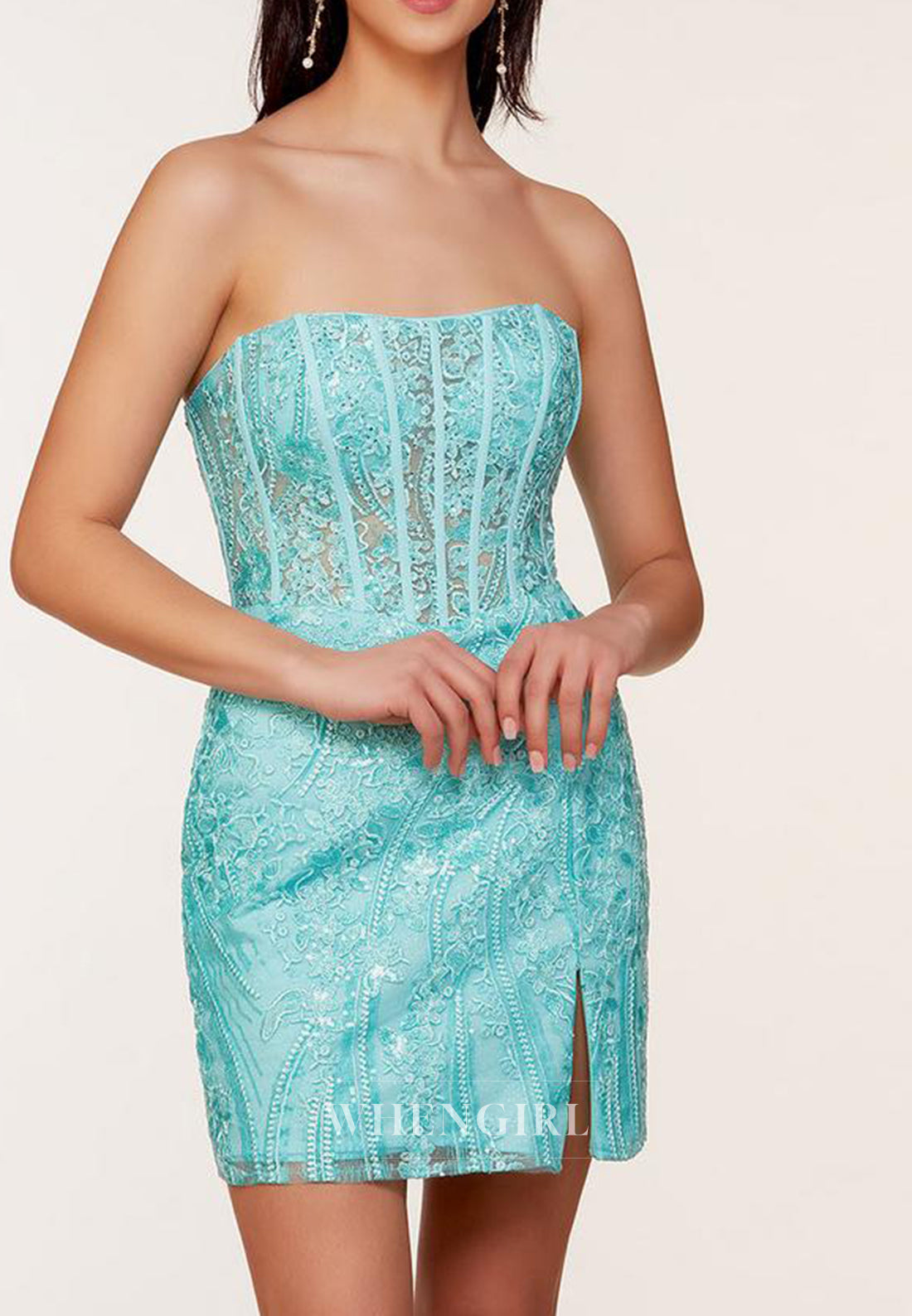 Tube Top Side Slit Strapless Sequins Beading Corset Homecoming Dress