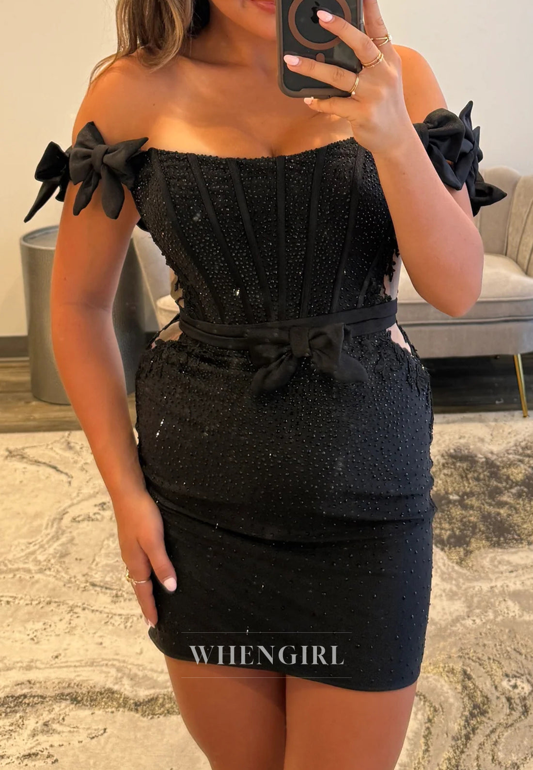 Off Shoulder Bowknot Beaded Embroidery Lace Up Sheath Short Homecoming Dress