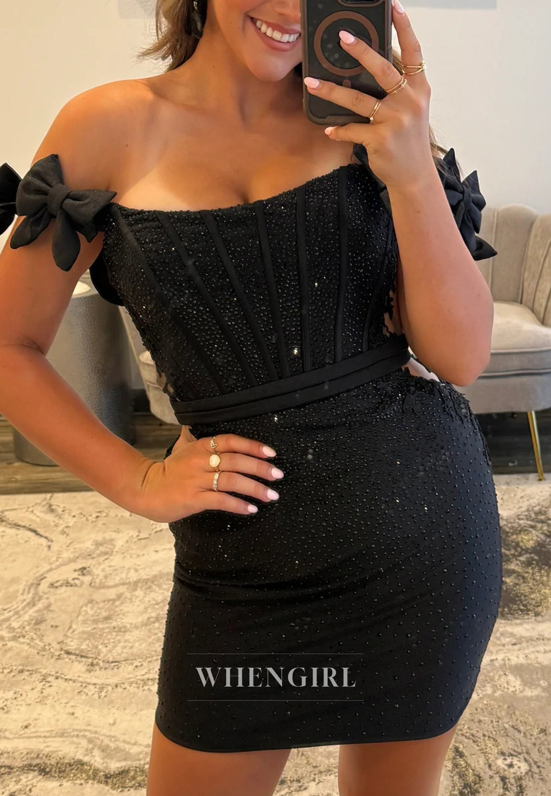 Off Shoulder Bowknot Beaded Embroidery Lace Up Sheath Short Homecoming Dress