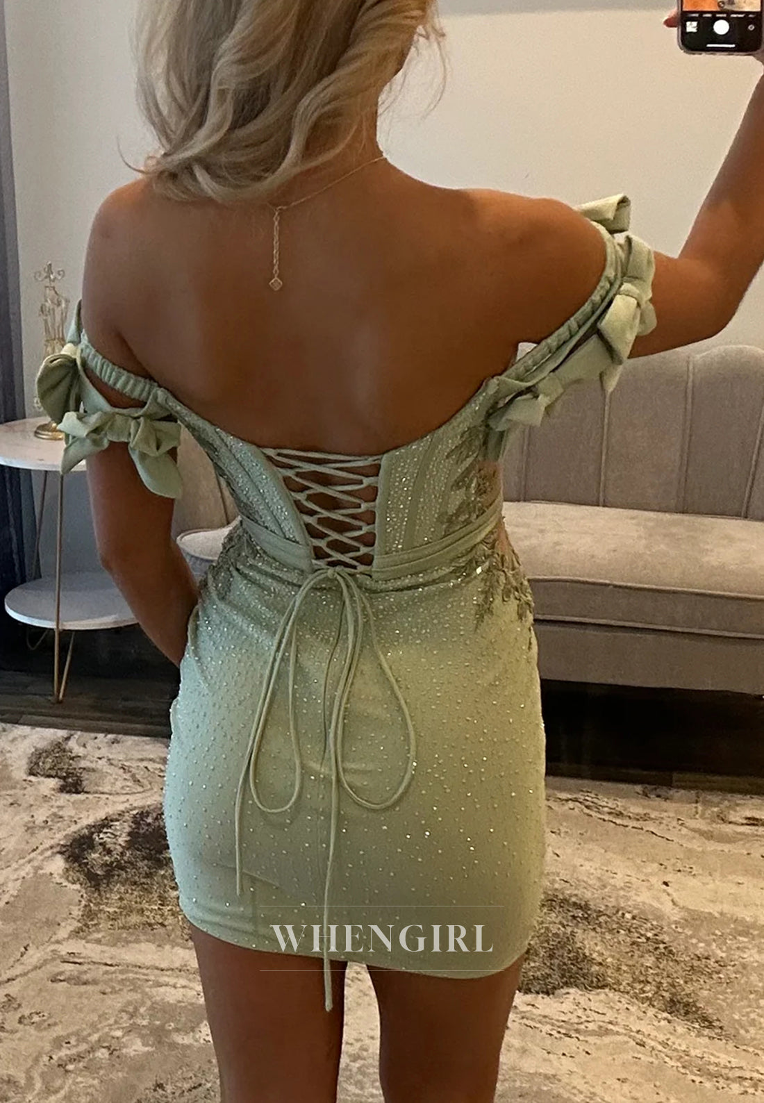 Off Shoulder Bowknot Beaded Embroidery Lace Up Sheath Short Homecoming Dress