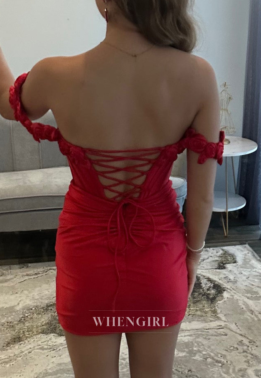 Off Shoudler Floral Pleated Lace Up Sheath Short Homecoming Dress
