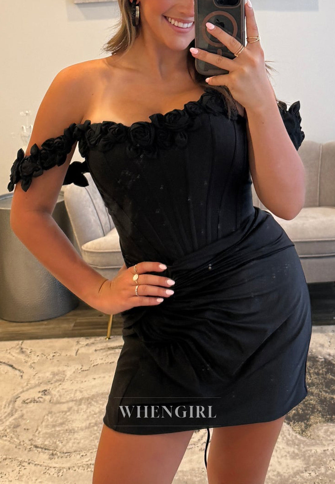 Off Shoudler Floral Pleated Lace Up Sheath Short Homecoming Dress
